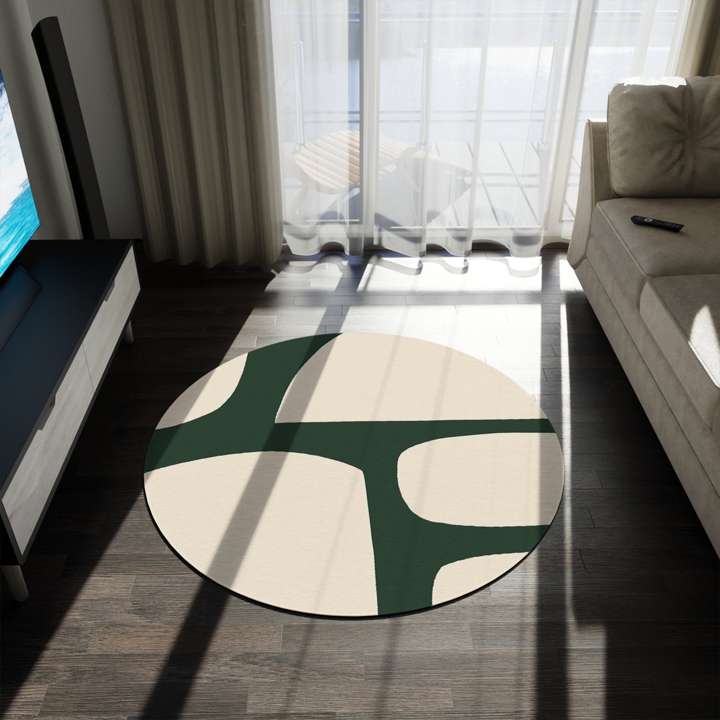 Modern Art Decor Rug, Green-Beige Round Rug - Contemporary Living Room Decor, Unique Area Carpet, Abstract Circular Floor