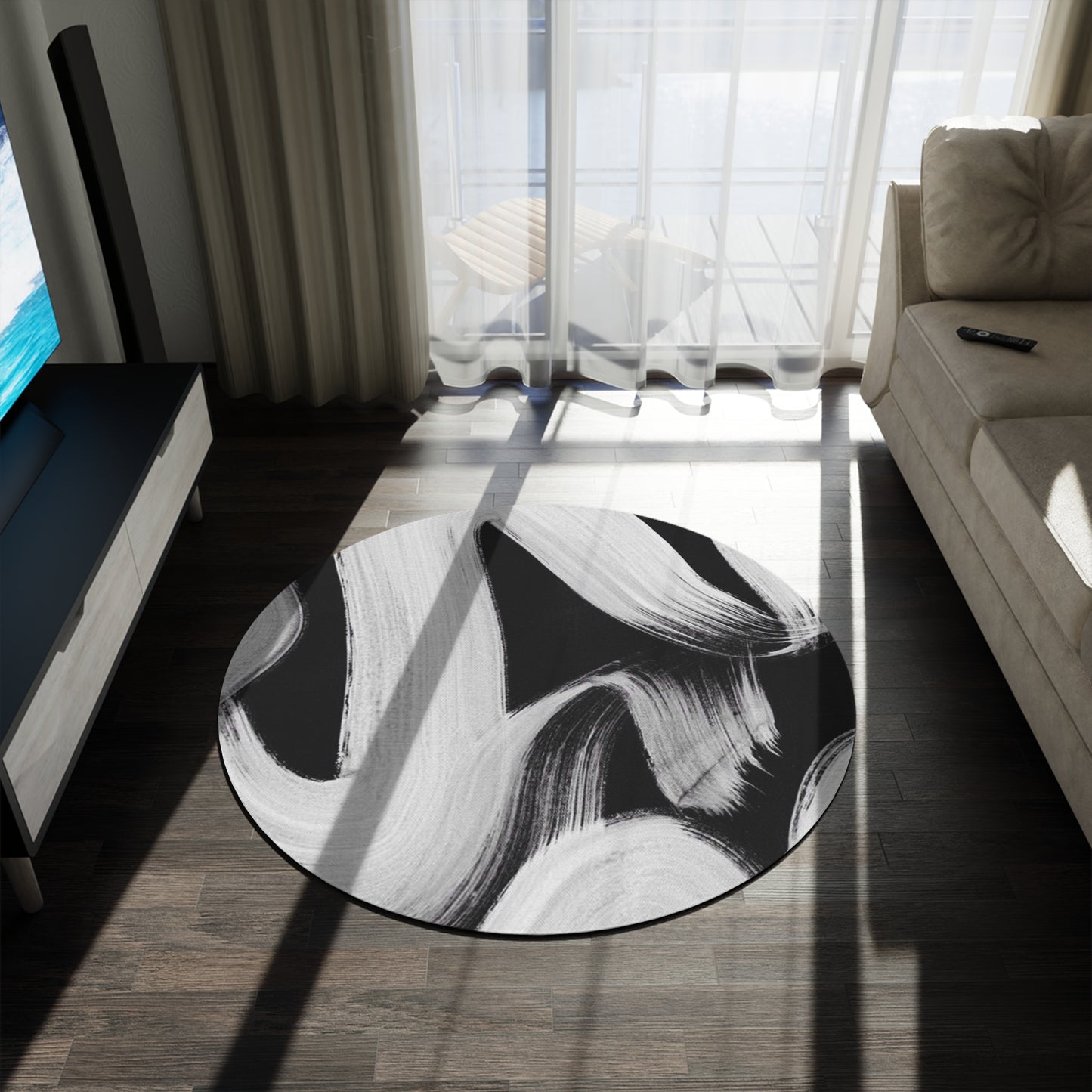 Modern Art Decor Round Rug - Contemporary Home Accent, Circle Carpet, Abstract Design Area Mat, Unique Floor Covering, Trendy