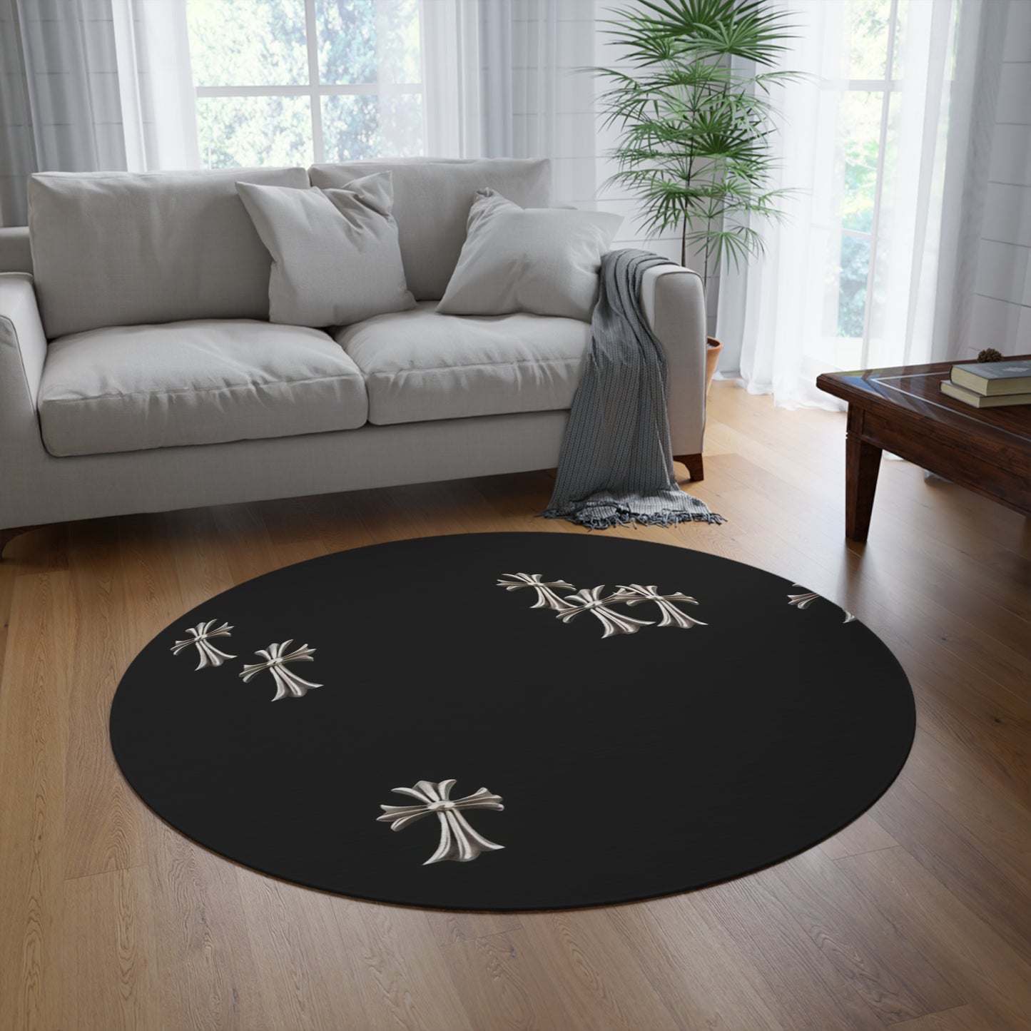 Luxury High Fashion Silver Crosses Round Rug, Elegant Home Decor Accent, Designer Floor Mat, Stylish Circle Area Carpet, Chic