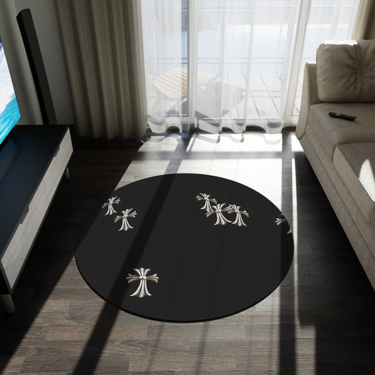 Luxury High Fashion Silver Crosses Round Rug, Elegant Home Decor Accent, Designer Floor Mat, Stylish Circle Area Carpet, Chic