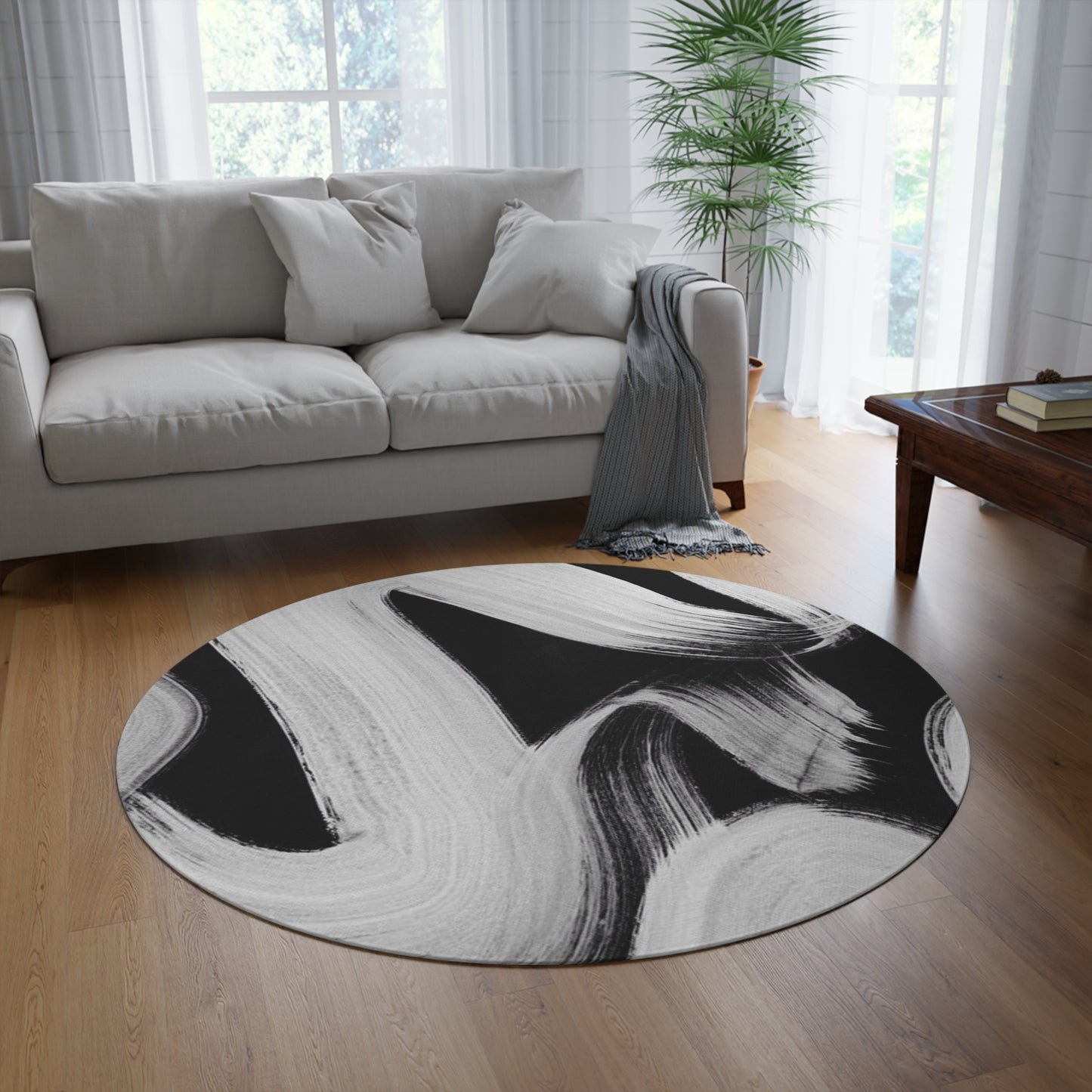 Modern Art Decor Round Rug - Contemporary Home Accent, Circle Carpet, Abstract Design Area Mat, Unique Floor Covering, Trendy